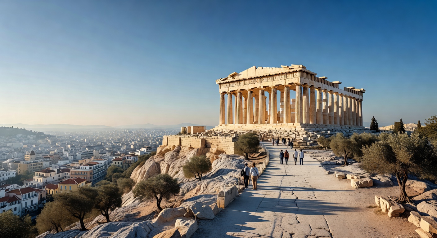 A wide editorial travel photograph of tourists walking along the marble-paved path toward the Parthenon on the Acropolis hill in Athens on a clear sunny morning, with the city spreading out in the haz