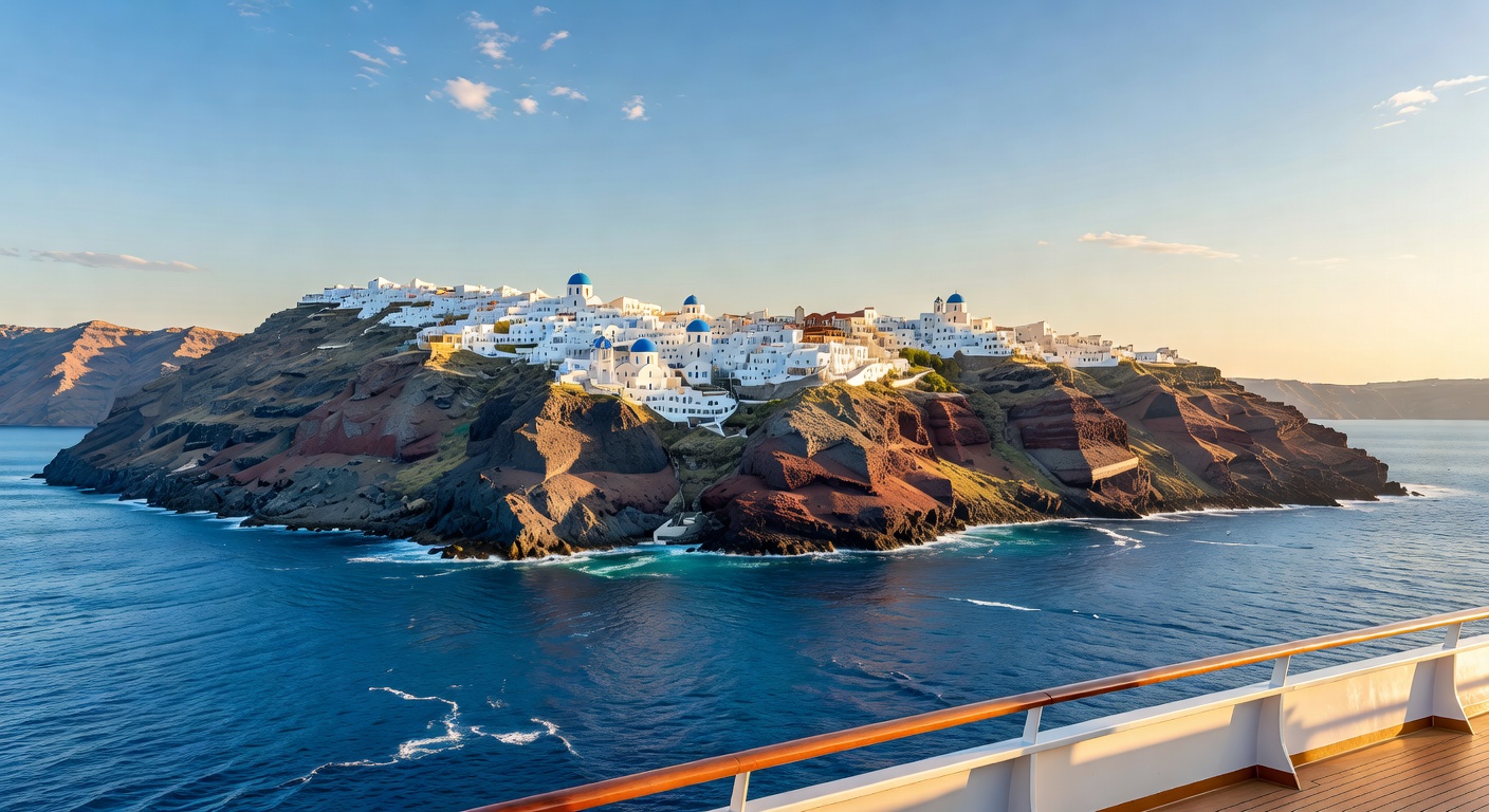 A wide editorial travel photograph shot from the deck of a cruise ship approaching the volcanic harbour of Santorini, with the dramatic caldera cliffs, whitewashed clifftop villages, and vivid blue Ae