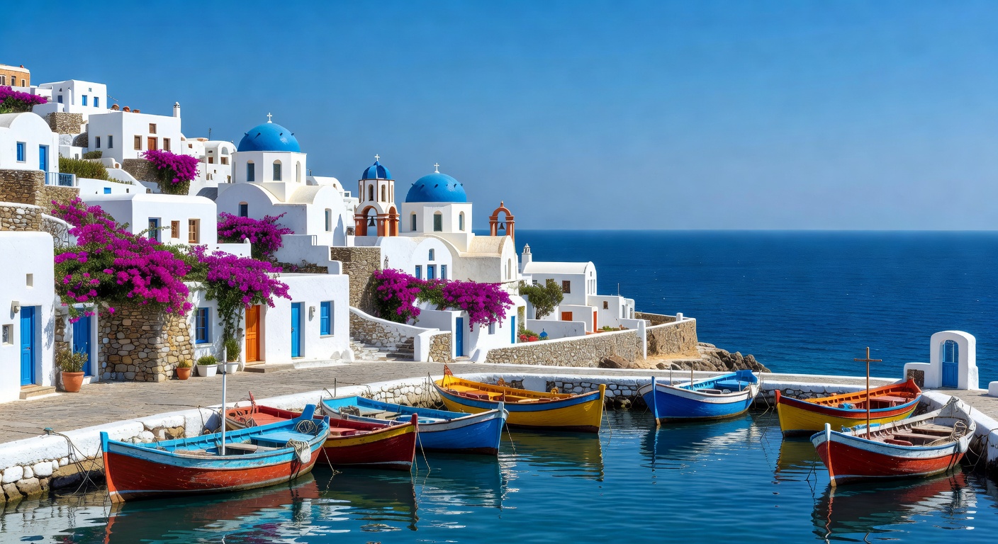 A wide editorial travel photograph of a sun-drenched Greek island harbour at midday with colourful fishing boats in the foreground, blue-domed churches on the hillside, and the deep cobalt Aegean Sea 