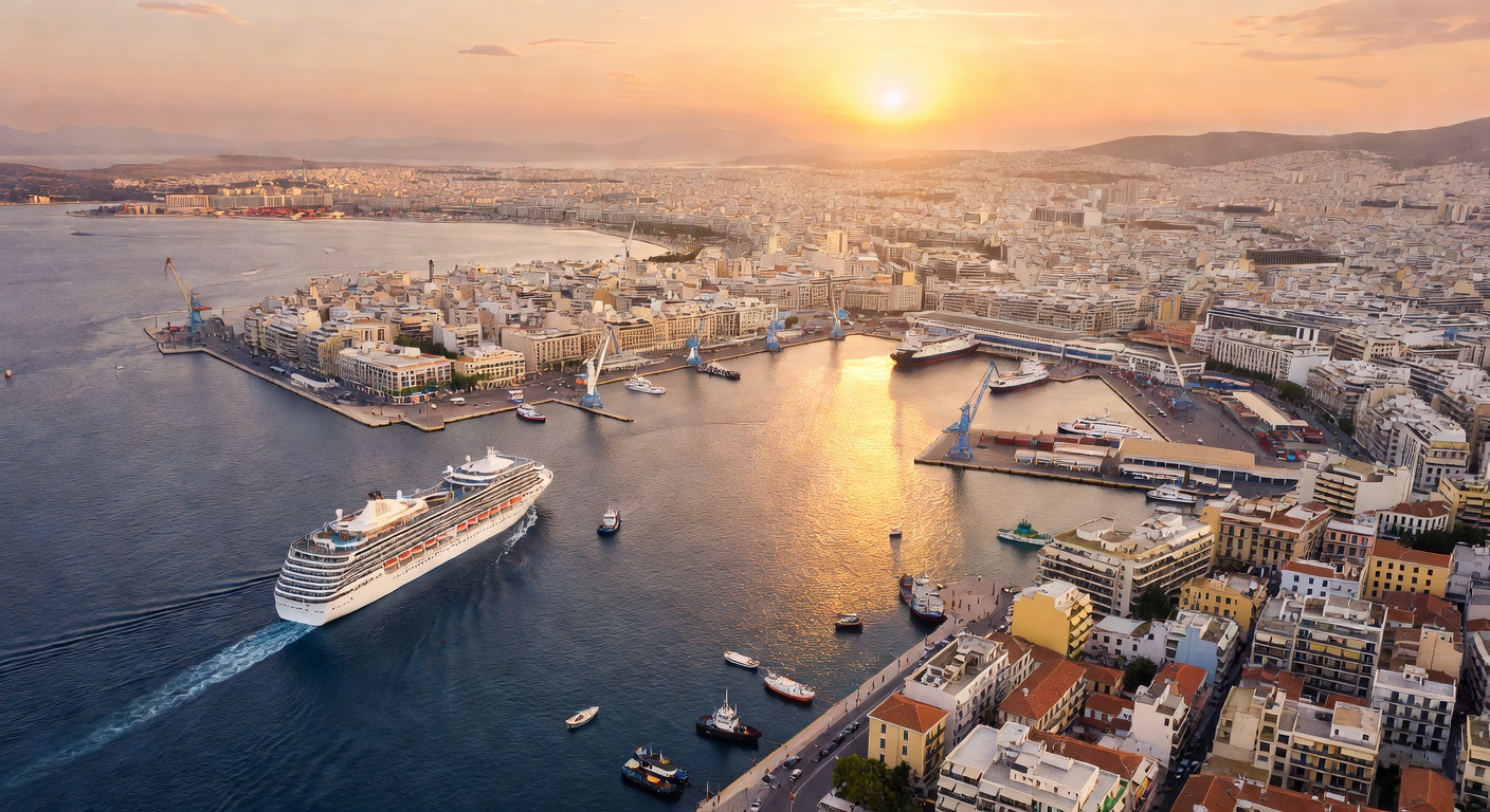 A wide editorial aerial photograph of the port of Piraeus at golden hour with a large cruise ship departing, the Athenian coastline and city sprawl stretching into the warm hazy distance behind it.