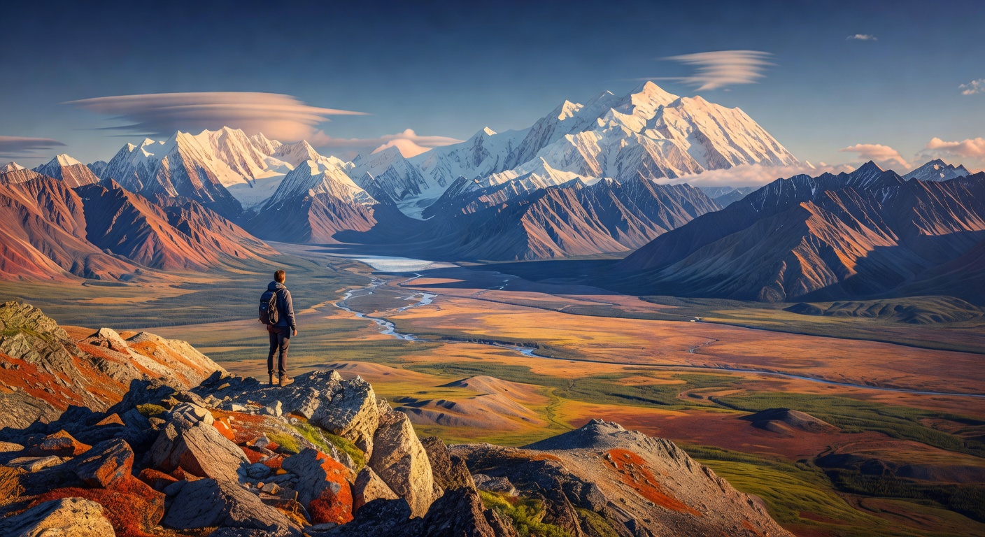 A wide editorial travel photograph of a traveller standing on a rocky alpine ridge overlooking Denali National Park's vast tundra valley and snow-covered peaks, conveying the scale and remoteness of A