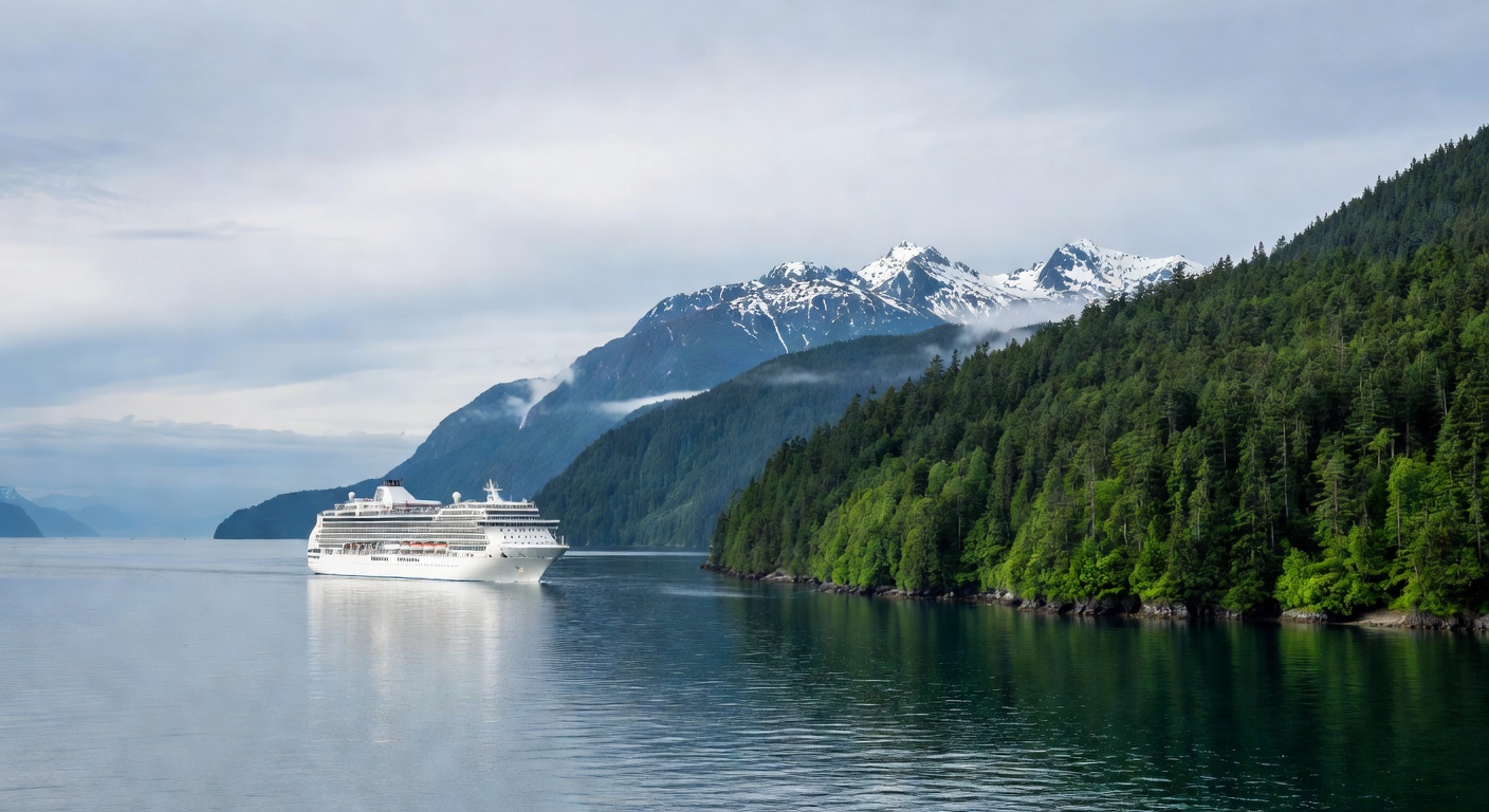A wide editorial travel photograph of a large cruise ship sailing through calm slate-blue Gulf of Alaska waters with dense forested coastline and snow-dusted mountain peaks visible in the background u