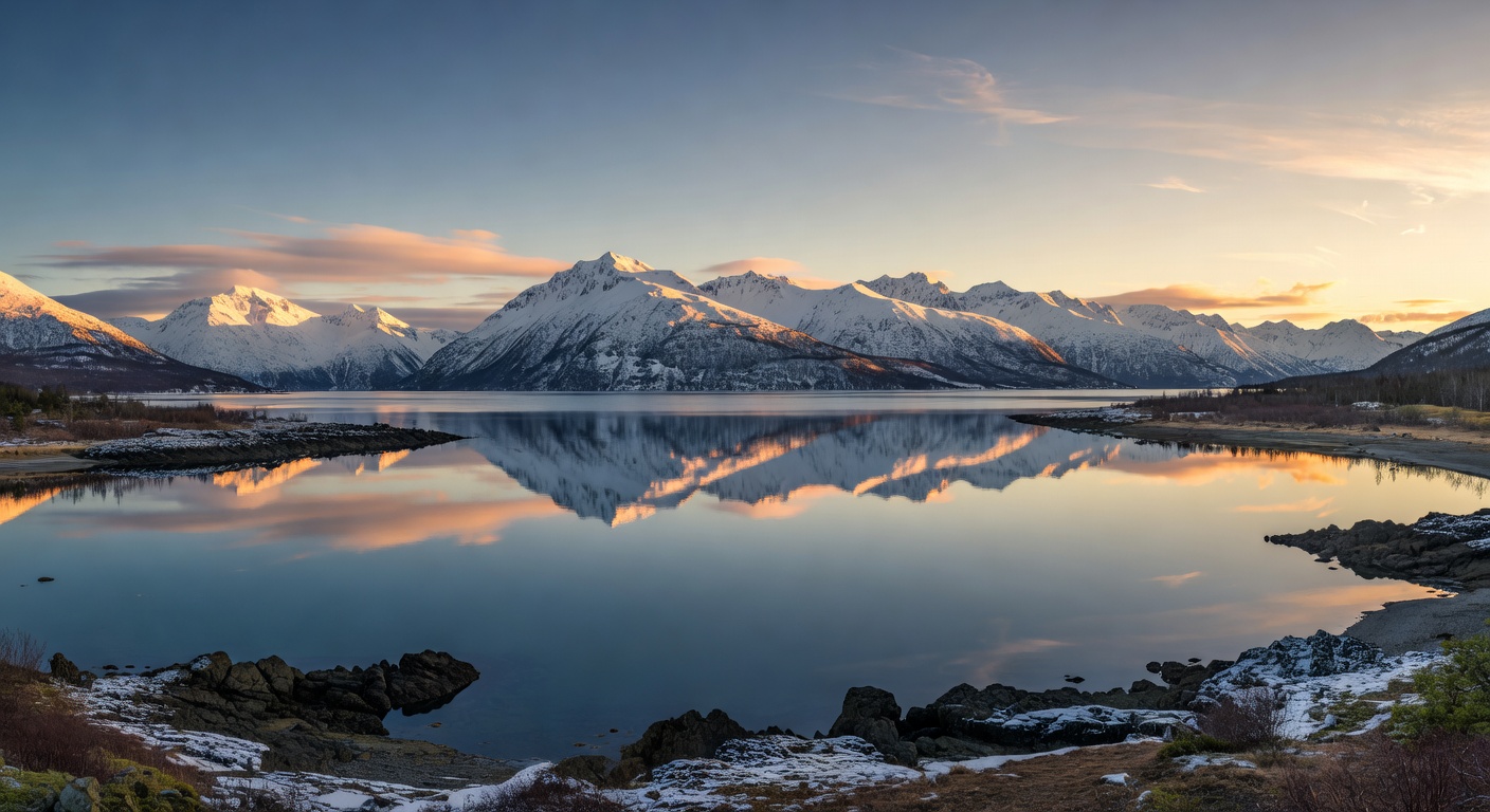 A wide editorial travel photograph of a dramatic panoramic Alaskan coastal landscape at golden hour, featuring calm steel-blue water reflecting snow-dusted mountain peaks and a pale sky streaked with 