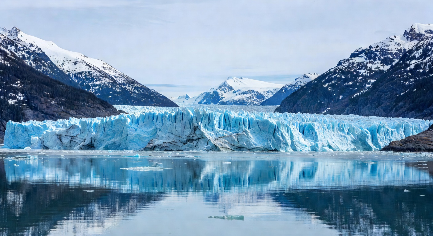 A wide editorial travel photograph of a massive tidewater glacier calving into a calm fjord in Glacier Bay National Park, with chunks of blue ice floating in the foreground and steep mountain walls ri