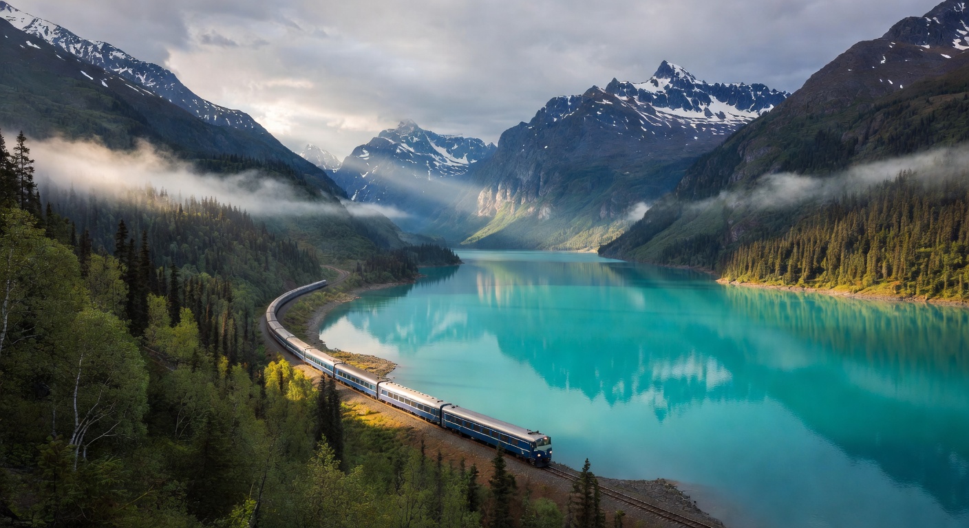 A wide editorial travel photograph of the Alaska Railroad's Coastal Classic passenger train winding along the edge of Kenai Lake through a dramatic mountain valley with turquoise water and snow-streak