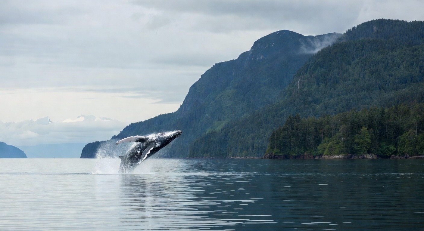 A wide editorial travel photograph of a humpback whale breaching fully out of calm Southeast Alaska waters with a backdrop of forested coastal mountains and overcast sky, capturing the raw wildlife dr