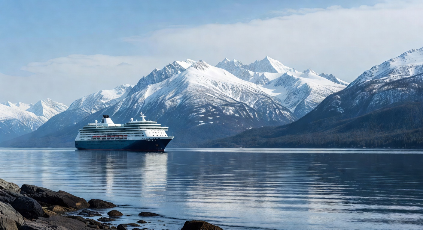 A wide editorial travel photograph of a large cruise ship sailing through calm Alaskan coastal waters with dramatic snow-dusted mountain ranges rising directly behind it under a pale blue sky, shot fr