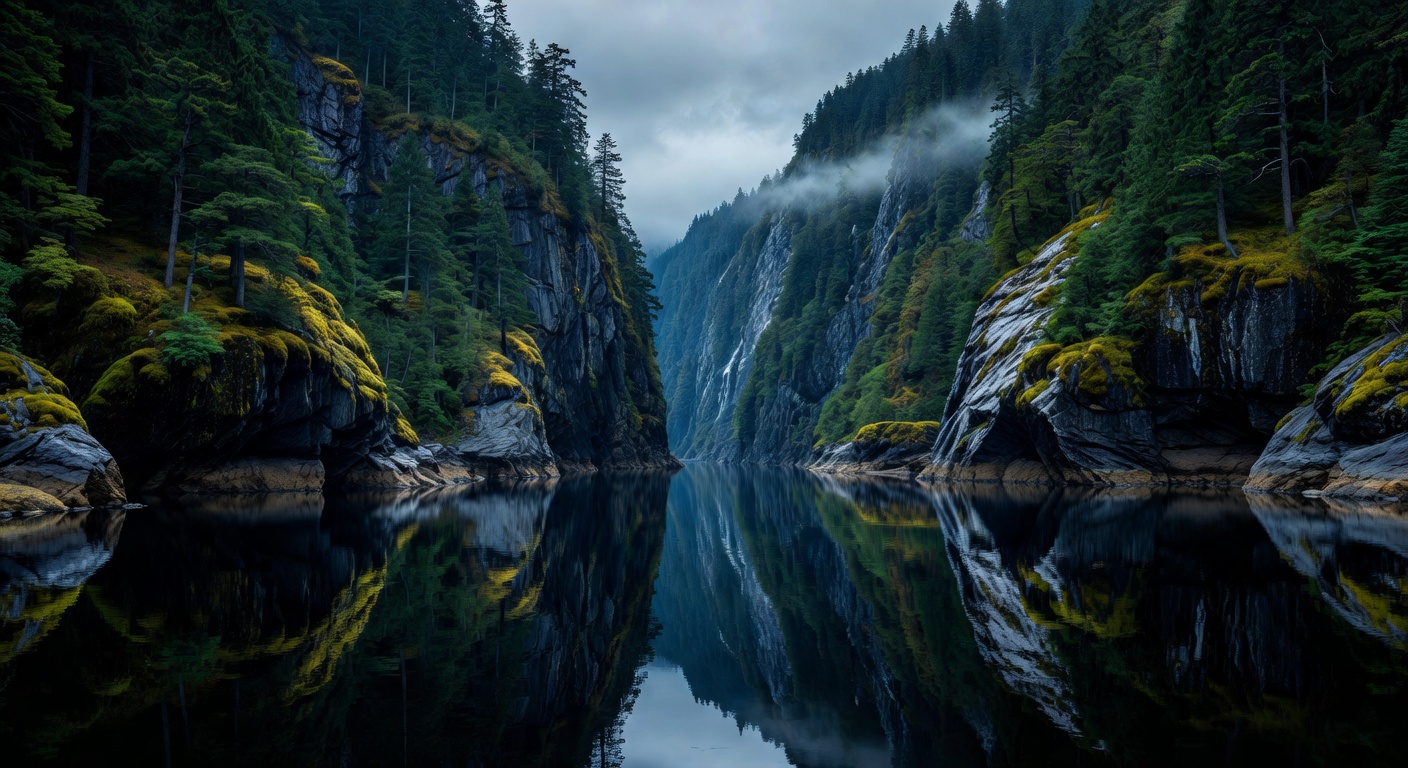 A wide editorial travel photograph of a narrow fjord passage lined with ancient temperate rainforest and vertical granite cliffs reflected perfectly in still dark water, shot from water level to empha