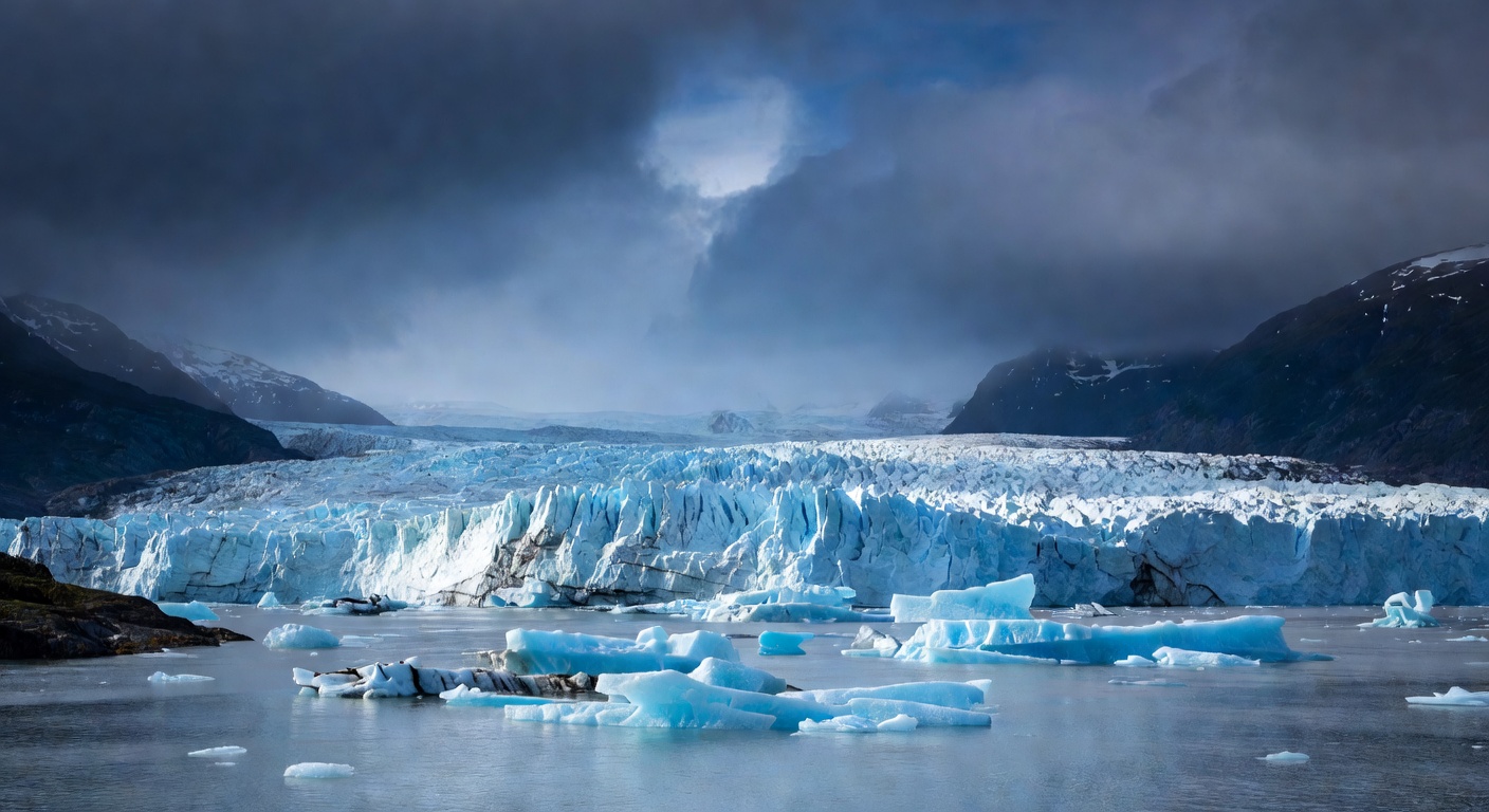 A wide editorial travel photograph of a glacial blue iceberg-dotted Alaskan bay shot from water level, with a wall of tidewater glacier ice visible in the background beneath heavy grey clouds.