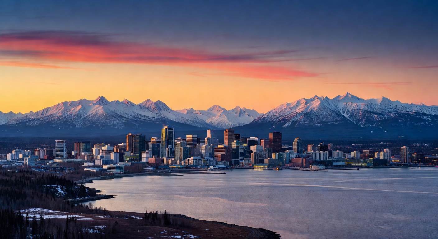 A wide editorial travel photograph of the Anchorage, Alaska skyline at dusk with the Chugach Mountains visible in the background and soft city lights beginning to glow, establishing the city as a mean