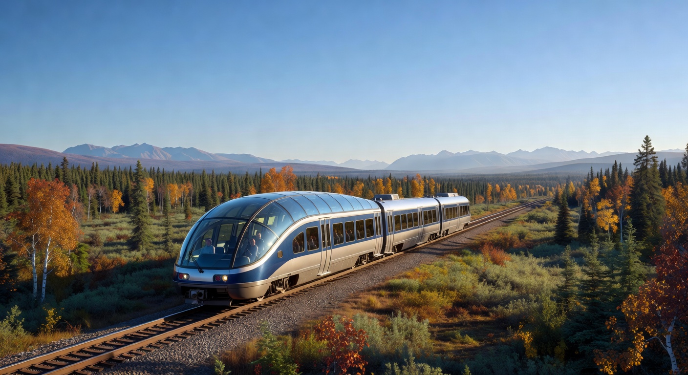 A wide editorial travel photograph of a glass-domed sightseeing railcar traveling along tracks through Alaska's vast Interior, with sweeping boreal forest and distant mountains visible through the cur