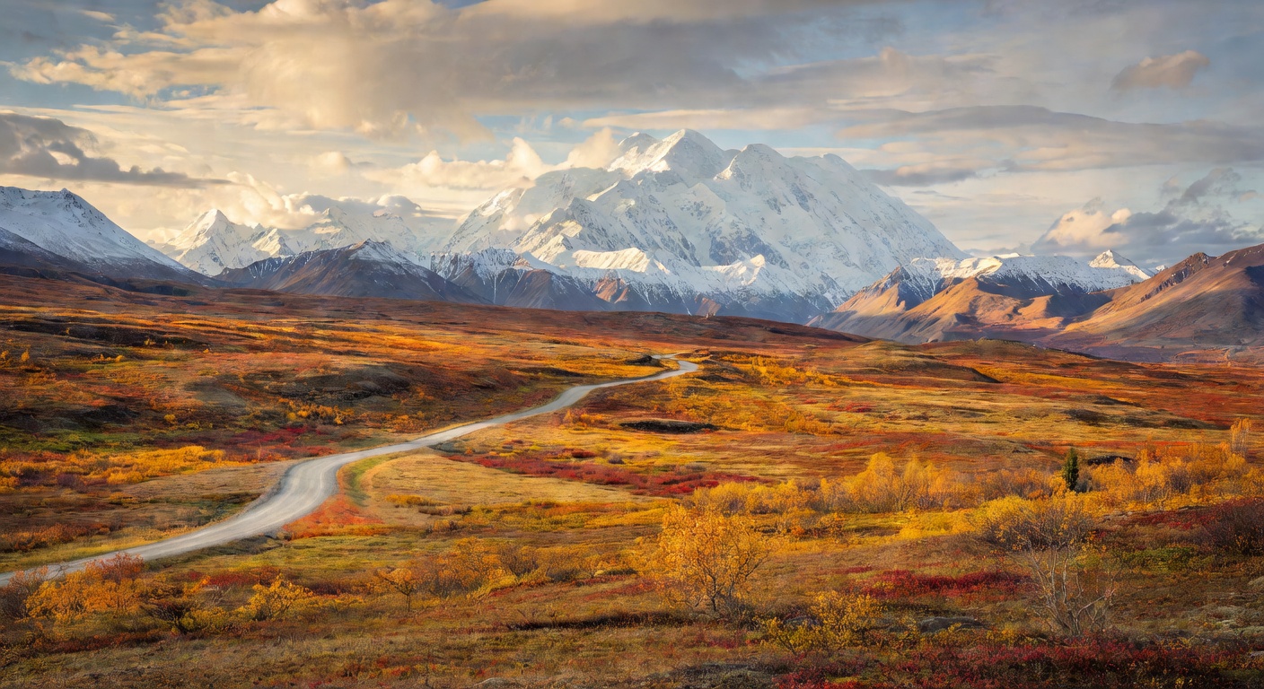 A wide editorial travel photograph of Denali National Park's vast tundra landscape stretching toward the towering snow-covered peak of Denali on a partly cloudy day, with the single park road visible 