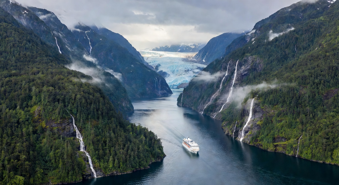A wide aerial editorial travel photograph of a cruise ship navigating a narrow Southeast Alaska fjord flanked by towering green mountains and misty waterfalls, with glacier ice visible in the distance
