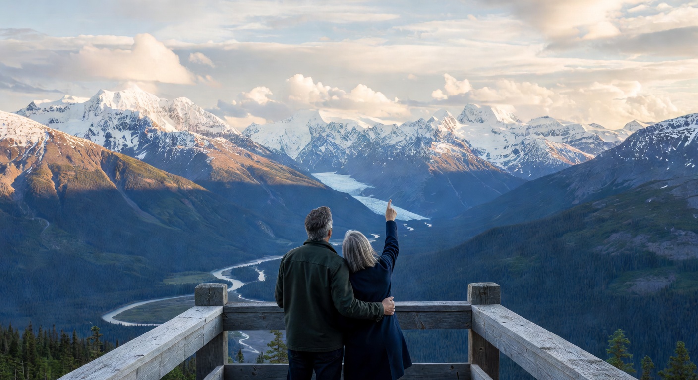 A wide editorial travel photograph of a mature couple standing together on an outdoor observation deck or scenic overlook in Alaska, gazing out across a vast mountain and valley landscape, conveying a