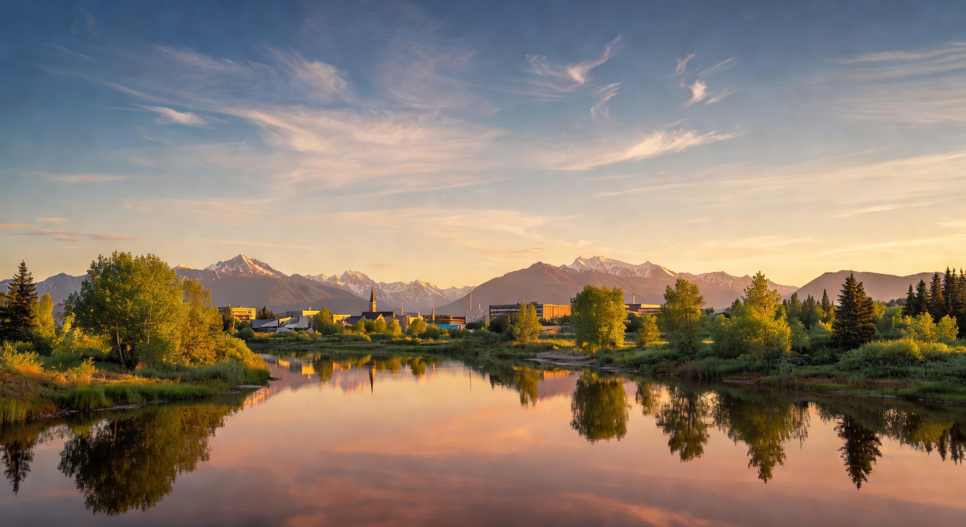 A wide cinematic editorial photograph of the Fairbanks Alaska skyline at golden hour with the Chena River in the foreground and the distant Alaska Range under a warm summer sky.