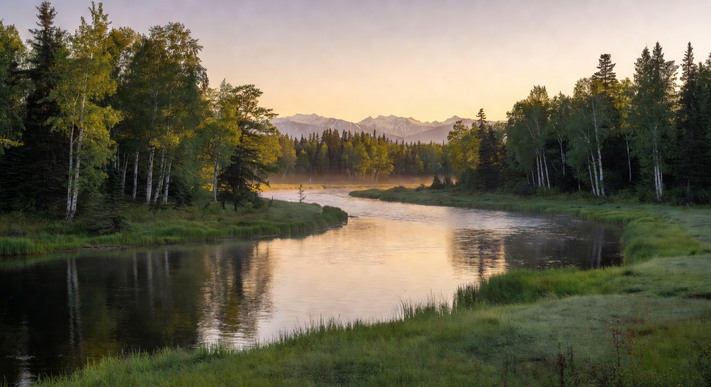 A wide cinematic editorial photograph of the Chena River flowing through Fairbanks, Alaska on a long summer evening, with birch and spruce trees lining the banks, soft golden light reflecting on the w