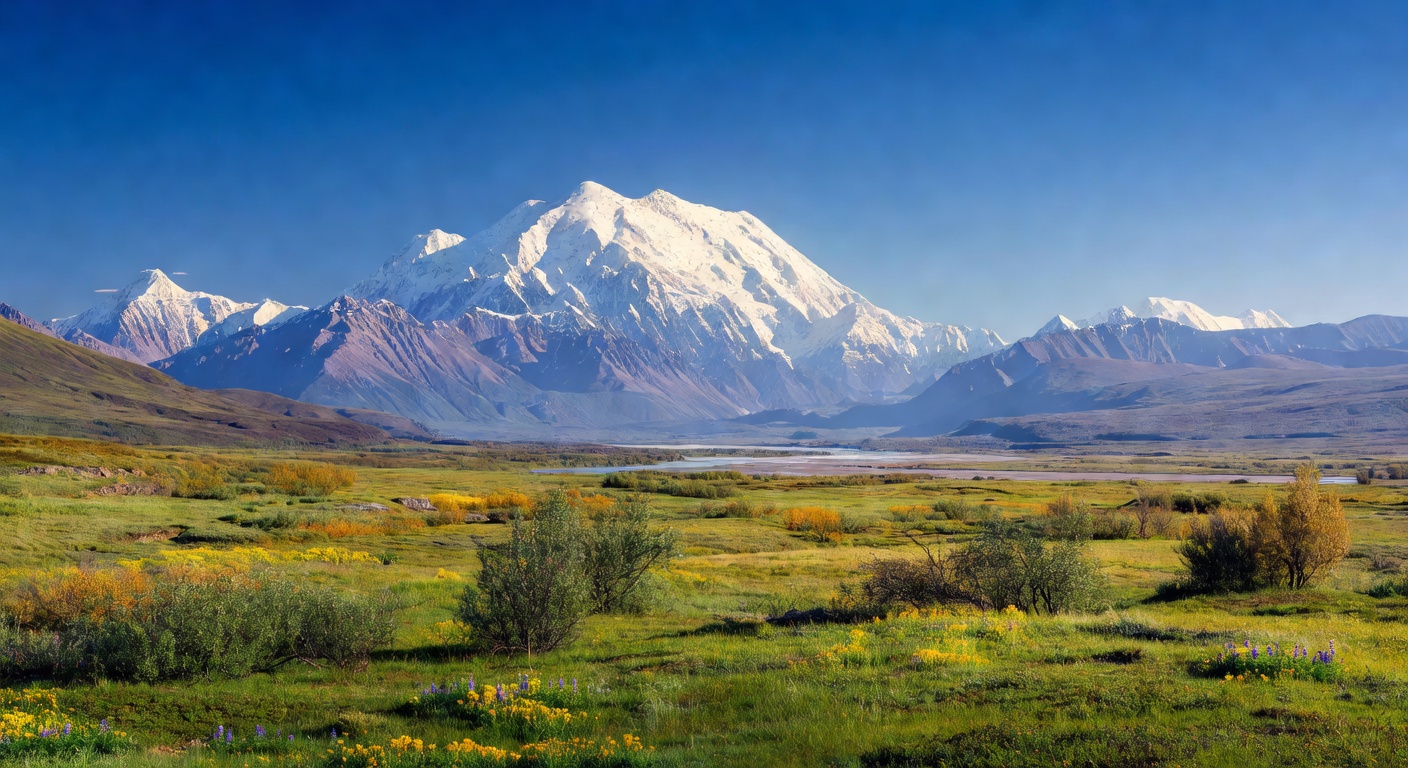 A wide panoramic editorial photograph of Denali (Mt. McKinley) towering above a lush green tundra valley under expansive blue skies, conveying the grandeur of Alaska's interior wilderness.