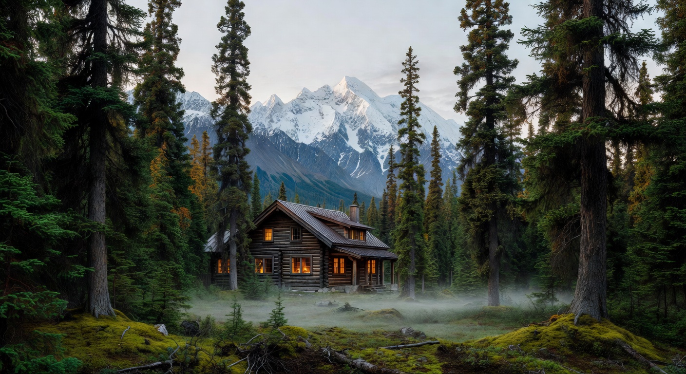 A wide editorial travel photograph of a remote wilderness lodge nestled among spruce trees near Denali National Park, with a rugged mountain backdrop and soft natural light, conveying the exclusive, s