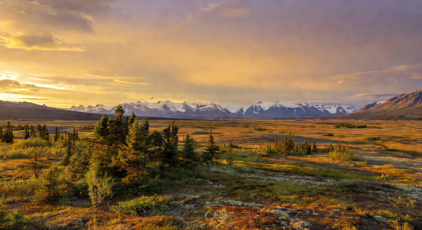A wide editorial travel photograph of a scenic Alaskan landscape showing the transition from Interior Alaska's boreal forest and open tundra to distant snow-capped mountains, shot in warm golden-hour 