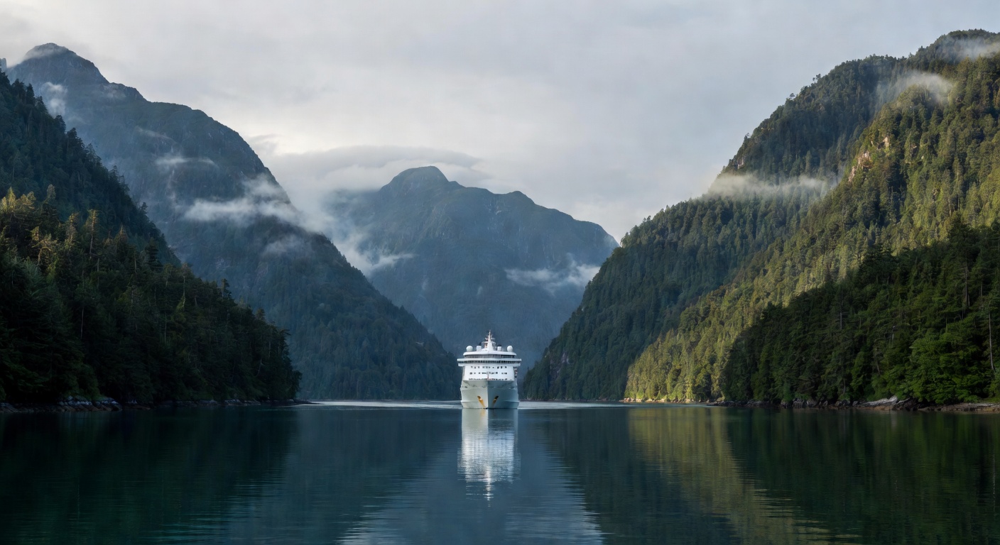 A wide editorial travel photograph showing a cruise ship sailing through a dramatic narrow Inside Passage waterway in Southeast Alaska, with steep forested mountainsides on both sides, misty clouds ha
