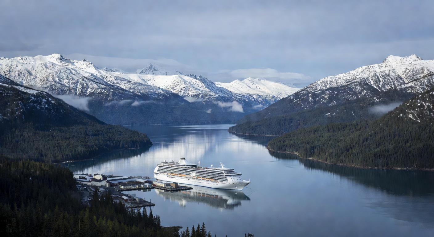 A wide editorial travel photograph of a large cruise ship docked at the small port of Whittier, Alaska, with dramatic snow-capped mountains and calm fjord waters surrounding the tiny harbor town.