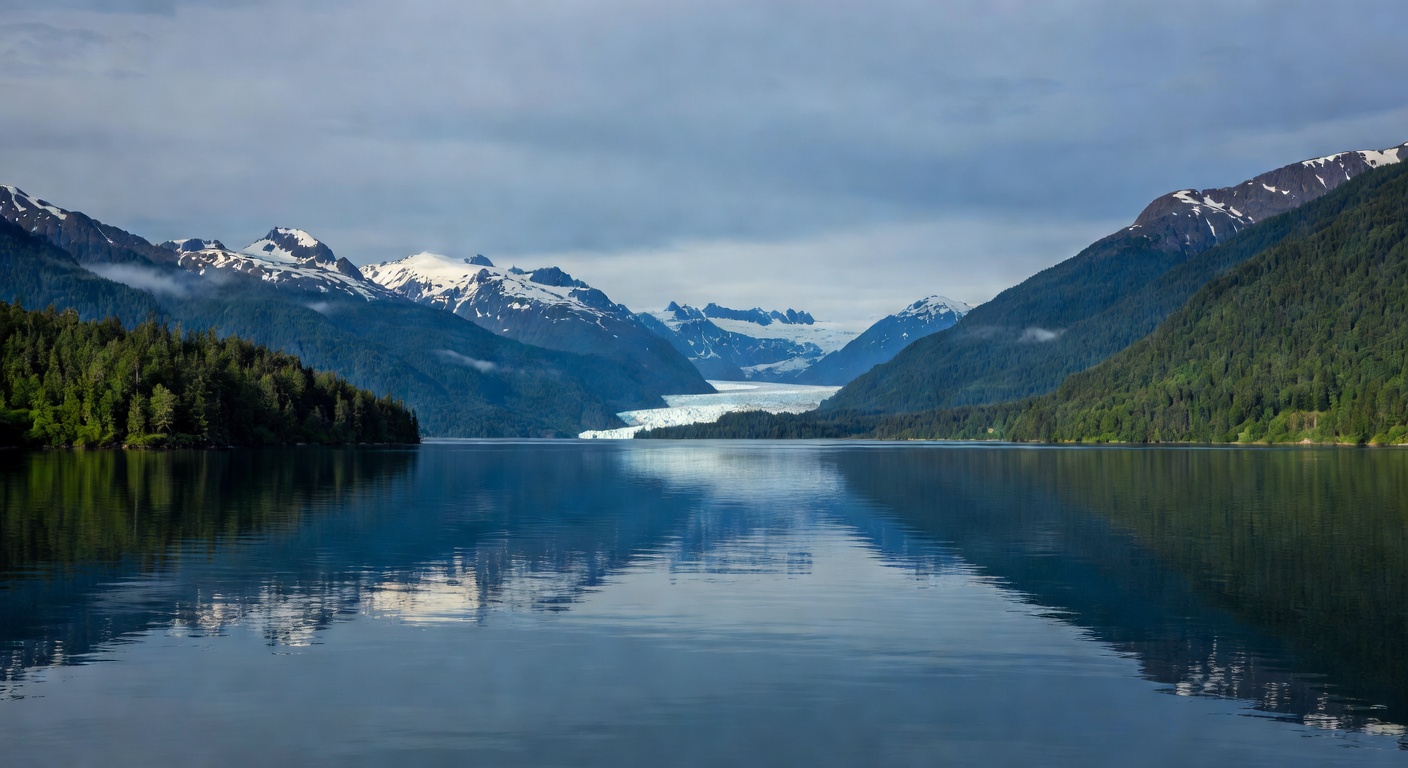 A wide editorial travel photograph looking out across the still, deep-blue waters of Prince William Sound with forested shorelines, distant glaciers, and layered mountain ridges under a moody overcast
