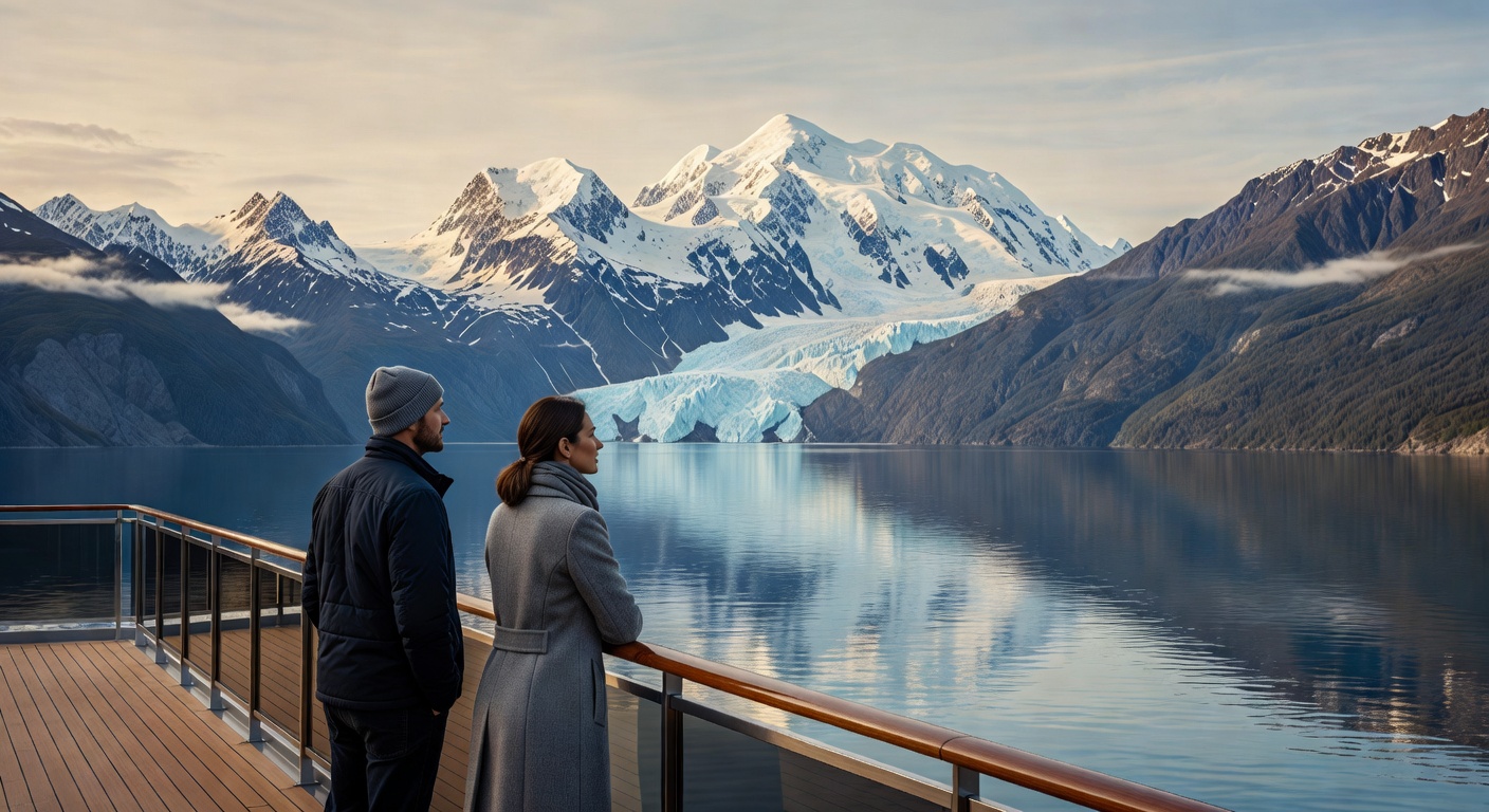 A wide editorial travel photograph of a mature couple standing on the open deck of a cruise ship gazing out at a sweeping Alaska wilderness panorama of glaciers, mountains, and calm ocean water, shot 