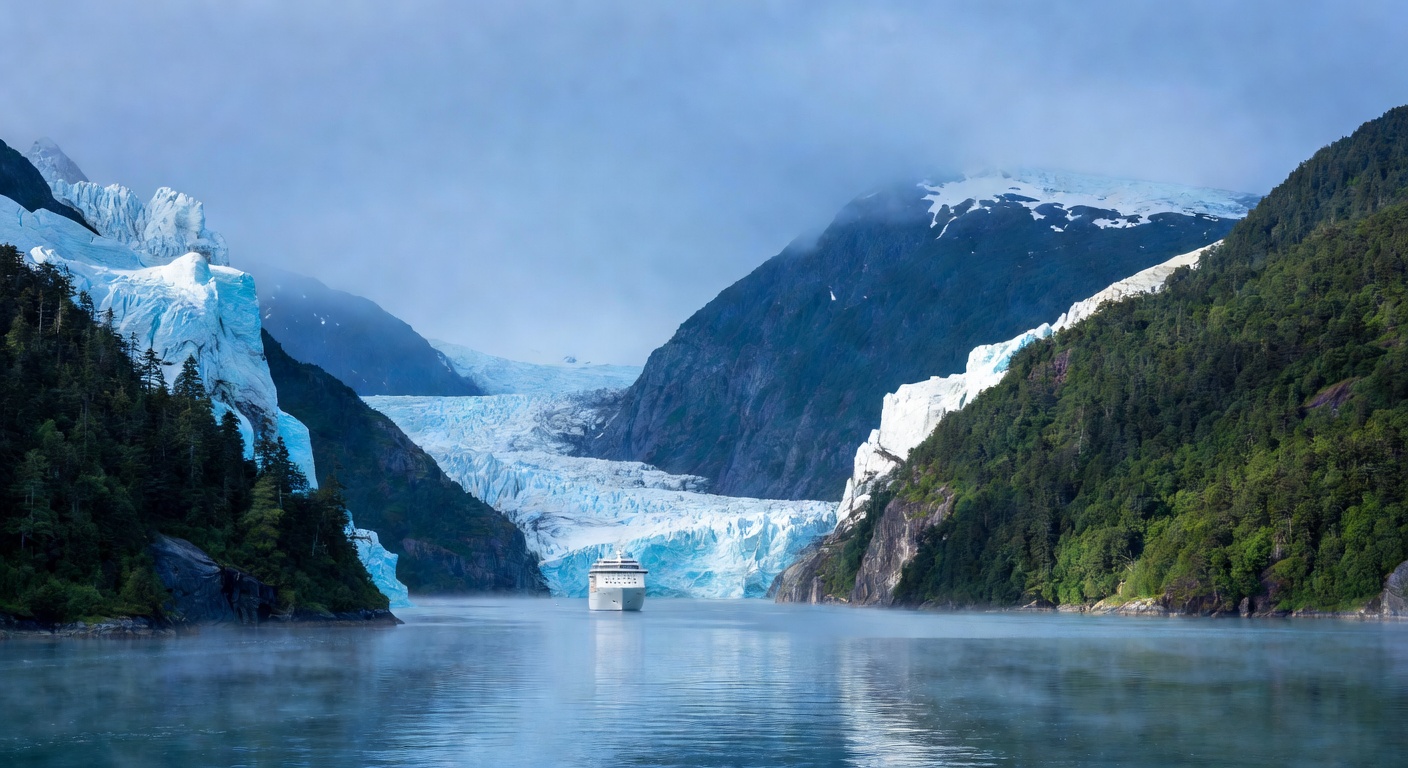 A wide editorial travel photograph of a cruise ship sailing through a narrow Alaska fjord surrounded by towering glaciers and steep forested mountainsides, with mist hovering over the water surface in