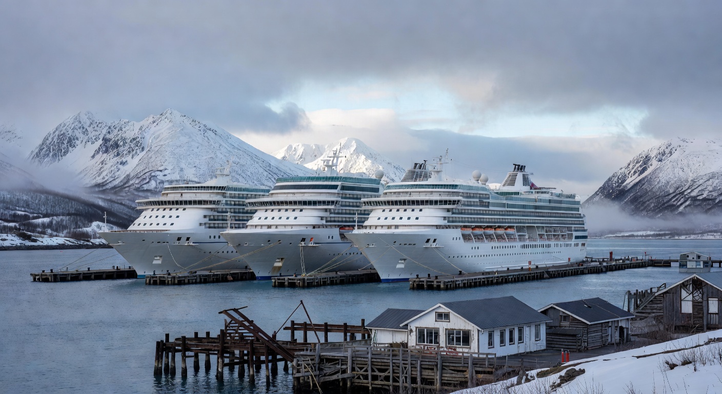 A wide editorial travel photograph of multiple large cruise ships docked side by side at a compact Alaska port terminal with snow-covered mountain peaks in the background, conveying the scale and grow