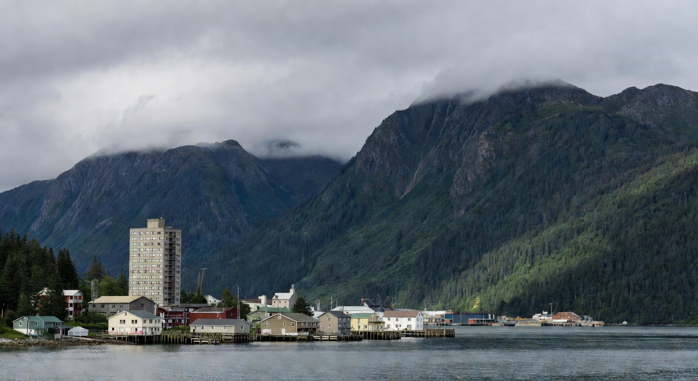 A wide editorial travel photograph shot from the water looking back at the tiny town of Whittier, Alaska, with its few waterfront buildings dwarfed by enormous green mountains shrouded in low clouds, 