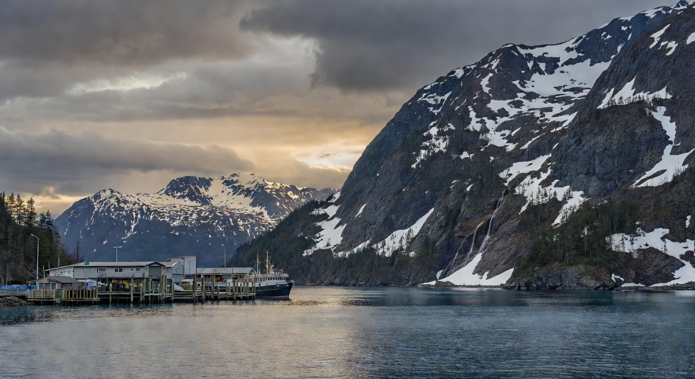 A wide cinematic editorial travel photograph of Whittier, Alaska's small harbor with cruise infrastructure visible against a towering wall of coastal mountains, dark moody water in the foreground and 