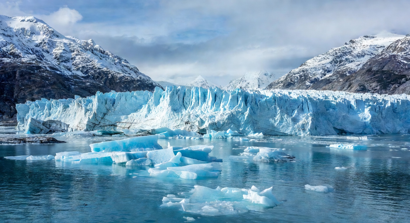 A wide panoramic editorial travel photograph of a massive tidewater glacier calving into deep blue Alaskan waters with jagged ice chunks floating in the foreground and steep snow-covered peaks framing