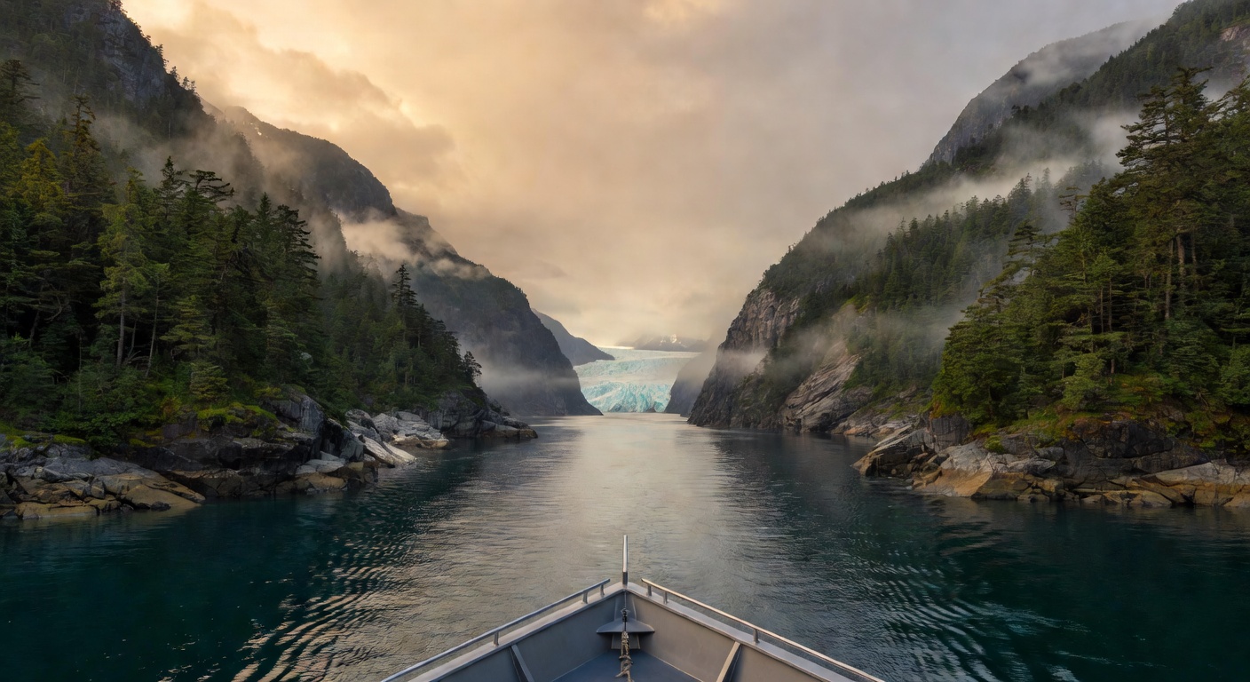 A wide editorial travel photograph shot from the bow of a ship sailing through a misty, narrow Alaskan channel with steep forested cliffs on both sides and a distant glacier visible at the end of the 
