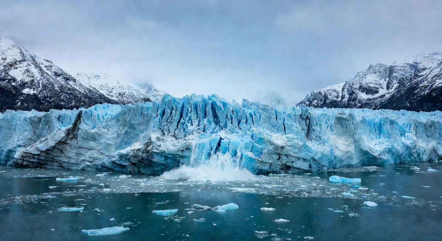 A wide editorial travel photograph of a tidewater glacier calving into a still Alaskan fjord with deep blue ice and no other vessels visible, shot from water level to emphasise the immense scale and s