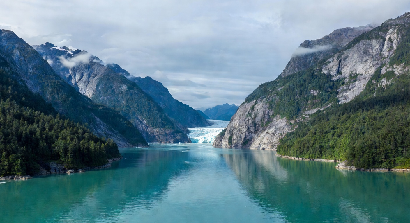 A wide editorial travel photograph looking down a narrow, glacier-lined channel of Southeast Alaska's Inside Passage with calm turquoise water, steep forested mountainsides, and mist clinging to the p