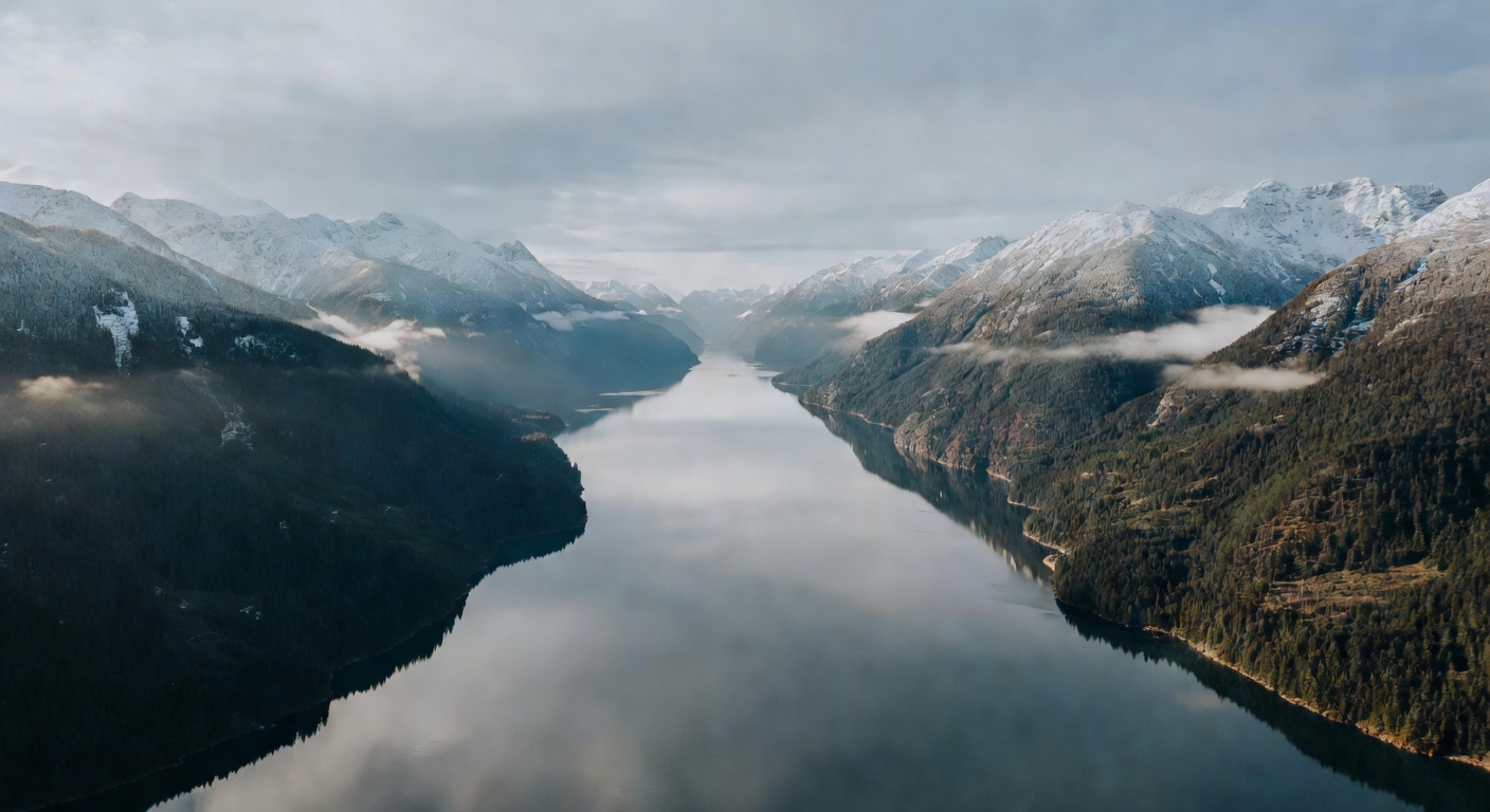 A wide cinematic aerial photograph looking down a misty Inside Passage channel flanked by steep, snow-dusted mountains and dense temperate rainforest, with glassy calm water reflecting the grey-blue s