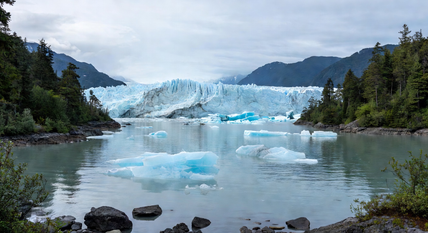 A wide editorial travel photograph of the Mendenhall Glacier viewed from the lake shore with icebergs floating in the foreground, surrounded by dense temperate rainforest and a moody overcast sky typi