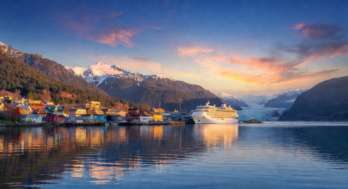 A wide cinematic editorial travel photograph of the Juneau Alaska waterfront and cruise port seen from the water at golden hour, with snow-capped mountains behind the town and the Mendenhall Glacier v
