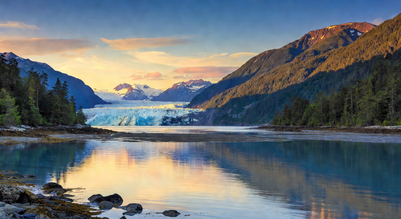 A wide panoramic editorial photograph of the Juneau coastline at golden hour, with the Mendenhall Glacier visible in the background, calm channel waters in the midground, and forested mountain ridges 