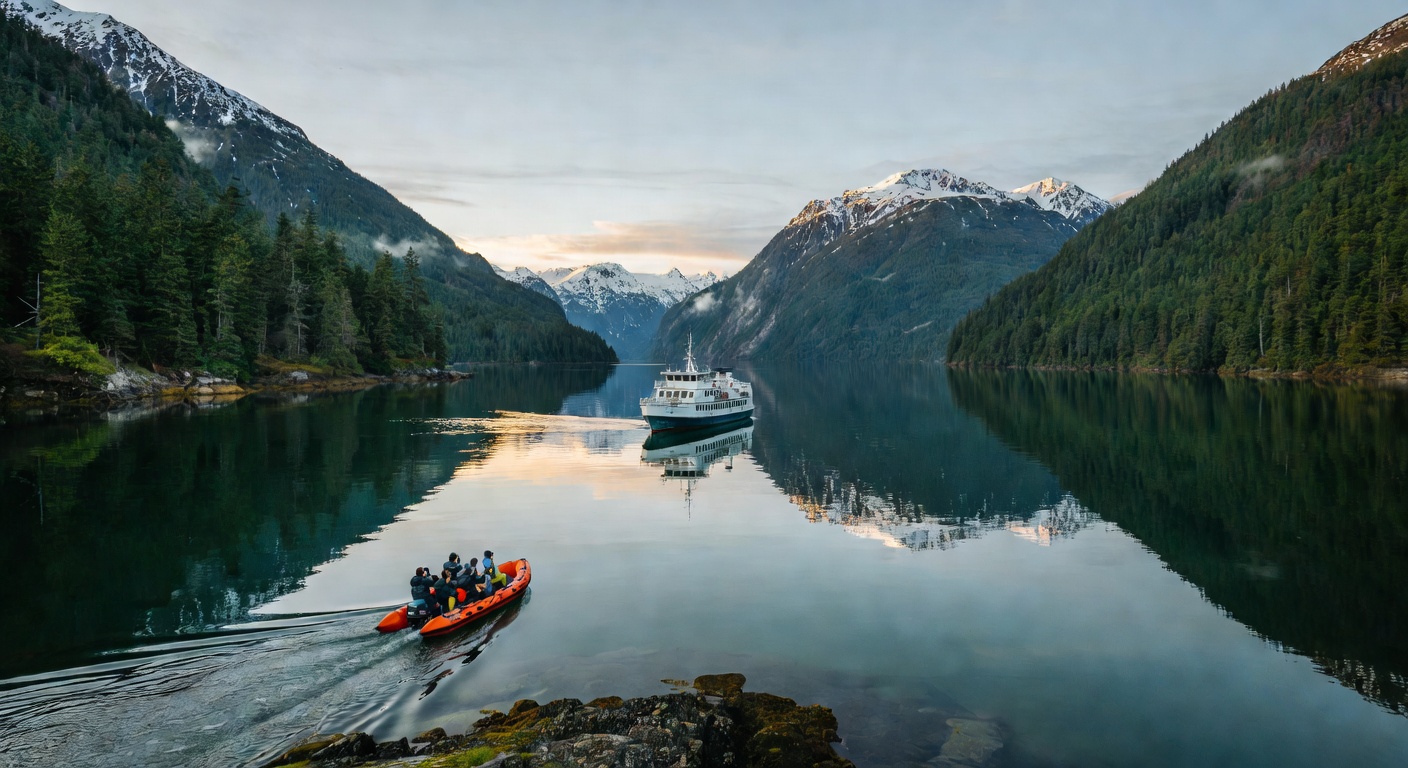 A wide editorial travel photograph of a small expedition vessel anchored in a remote, glassy Alaskan bay surrounded by towering evergreen-covered mountains, with a zodiac inflatable boat carrying a ha