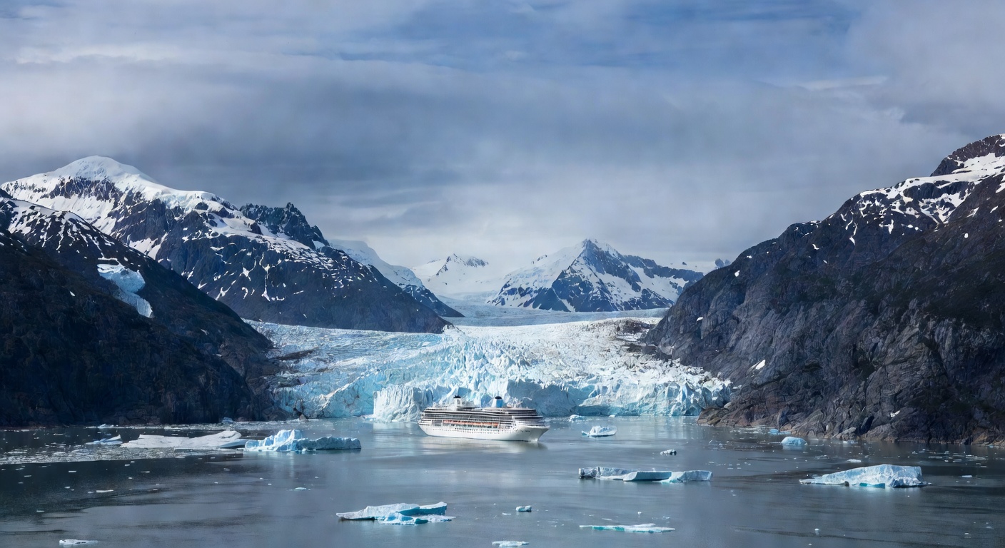 A wide panoramic editorial travel photograph of a cruise ship sailing through a vast Alaska fjord with towering blue-white tidewater glaciers calving into the sea, dramatic mountain peaks rising on bo