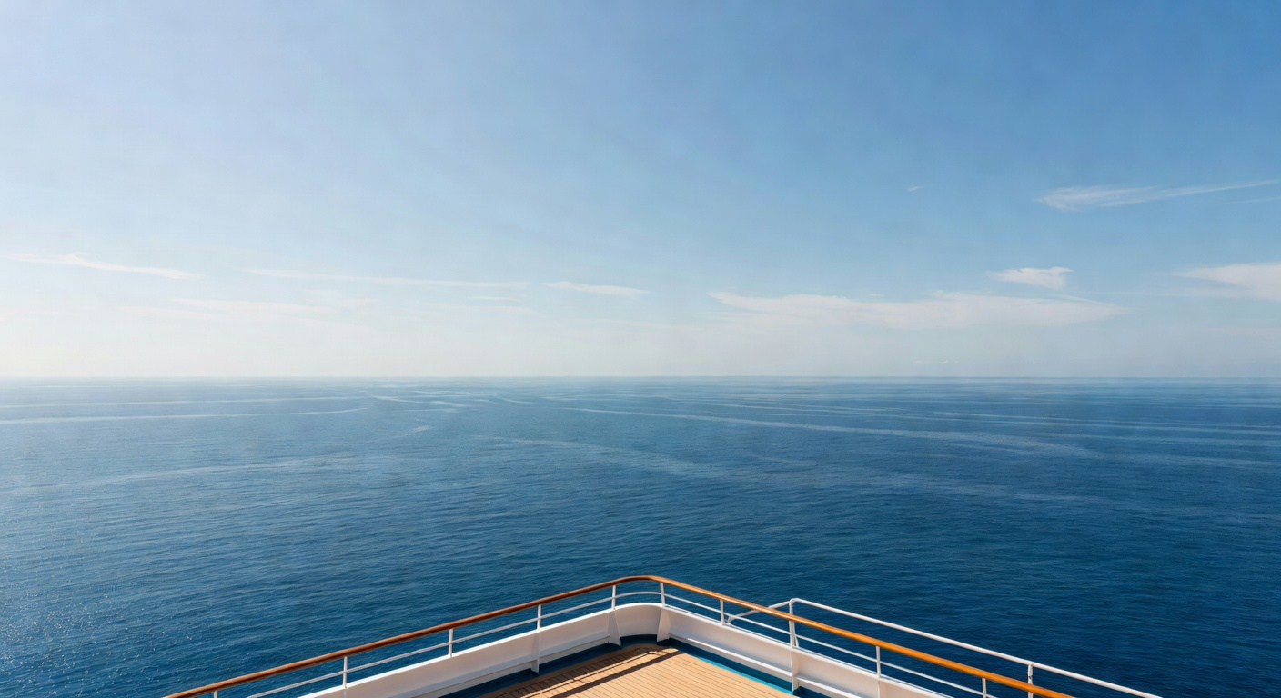 A wide editorial travel photograph of a vast, calm open Pacific Ocean stretching to the horizon as seen from the upper deck of a cruise ship on a clear day, conveying the solitude and beauty of consec