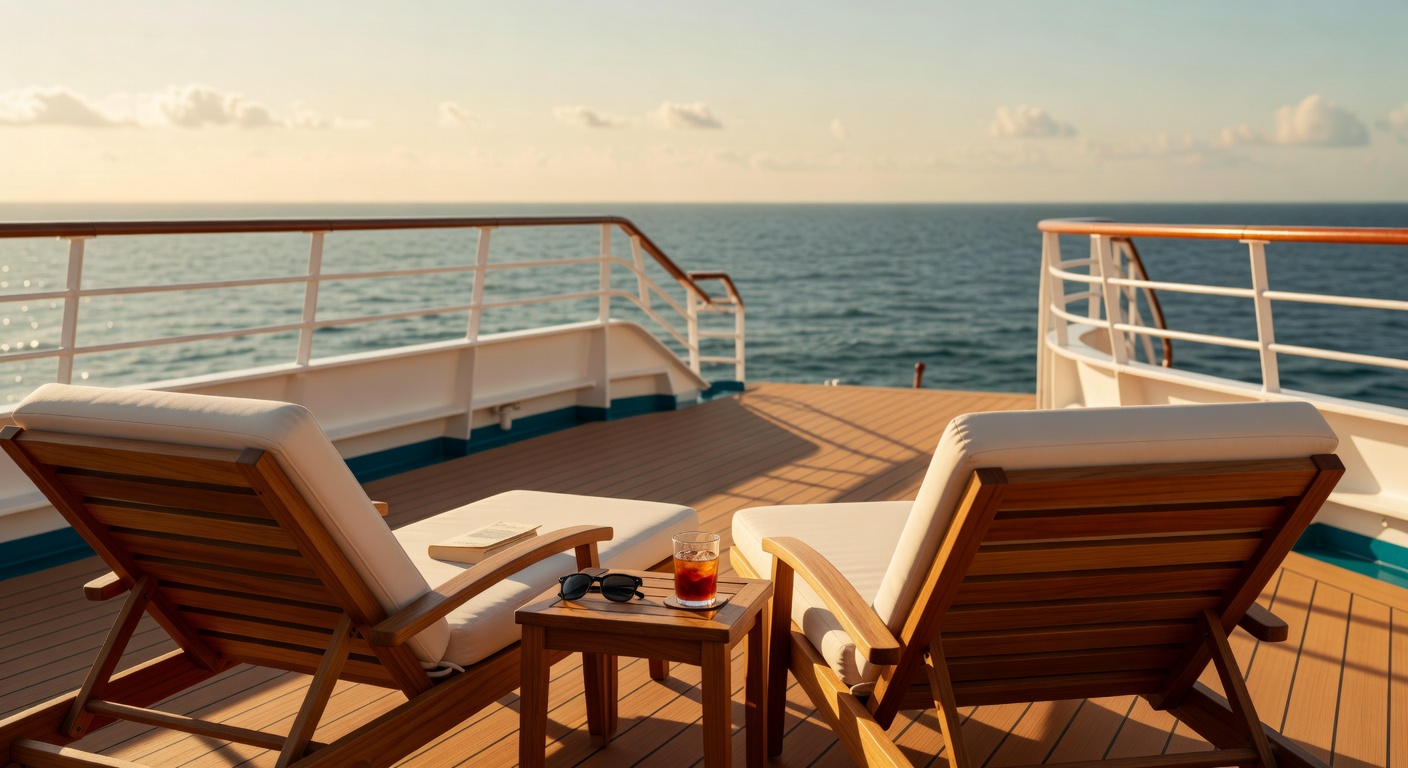 A wide editorial travel photograph of a mature couple relaxing together on cushioned lounge chairs on a quiet, uncrowded cruise ship deck with the open ocean visible beyond the railing in warm afterno