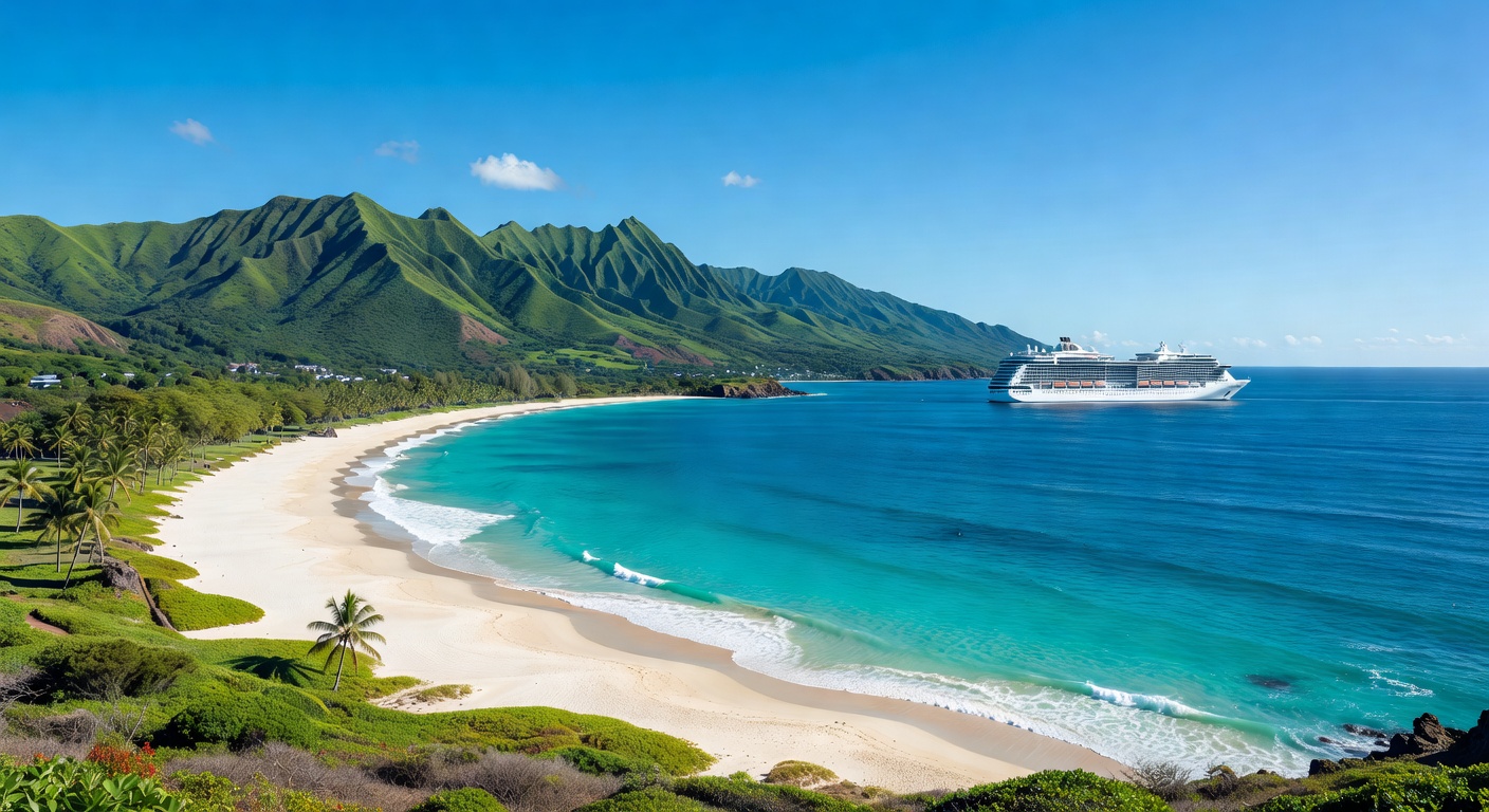 Blog banner photo for a Hawaii cruise article showing a bright sunny coastline with emerald mountains, white sand beaches, turquoise waves, and a luxury cruise ship offshore under a clear blue sky.