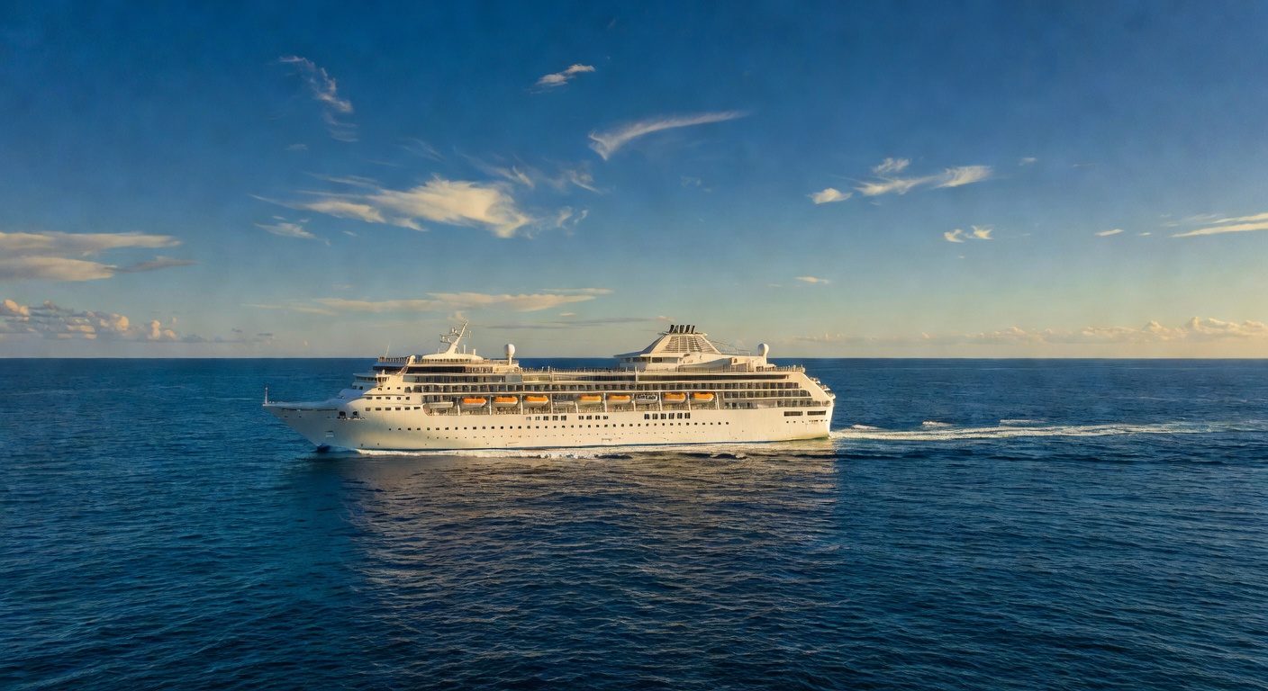 A wide editorial travel photograph of an elegant mid-size cruise ship sailing through deep blue Pacific waters, showing the ship's full profile from a slight aerial angle with no land in sight.