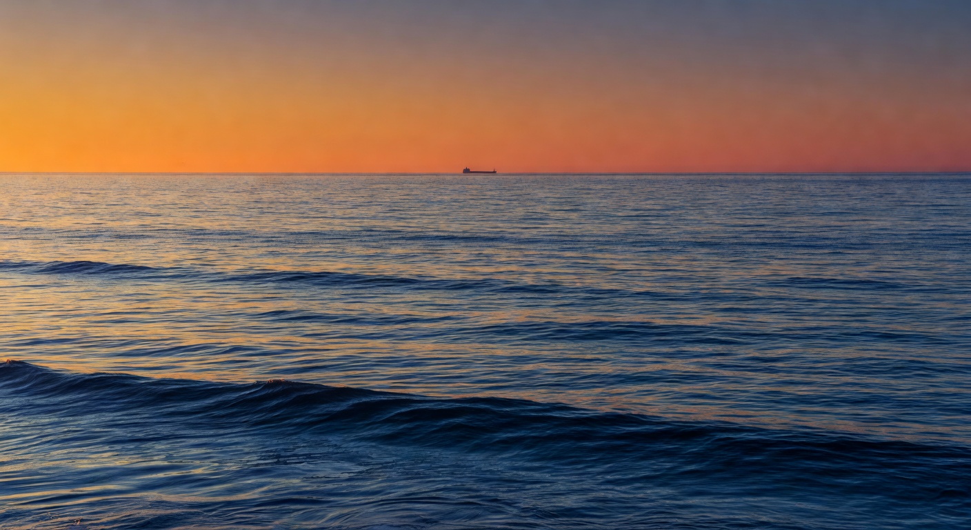 A wide cinematic editorial photograph of a vast open Pacific Ocean seascape at golden hour with gentle swells stretching to the horizon, a faint silhouette of a distant ship, and warm light reflecting
