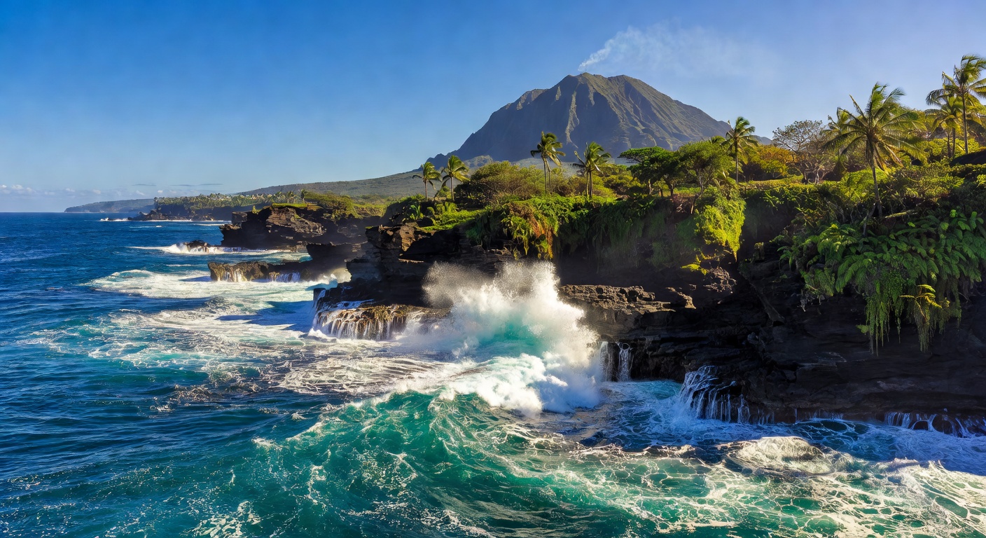 A photorealistic image of the coastline of Hawaii, with a smoking volcano, beautiful lush scenery, cliff faces, effervescent alluring bubbly water emerging from the waves crashing on the cliffs among 