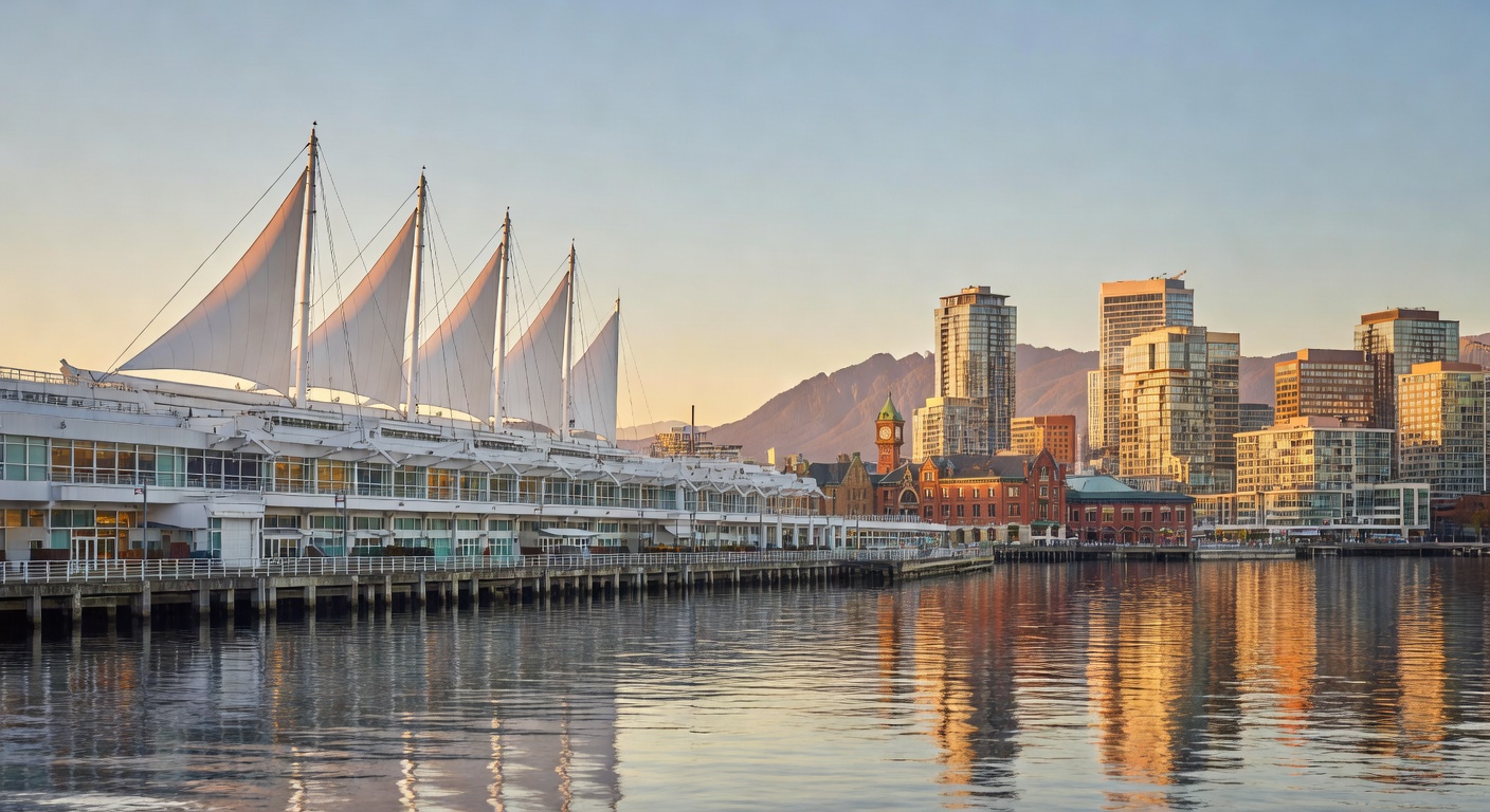 A wide editorial travel photograph of Vancouver's Canada Place cruise terminal with its iconic white sail-like roof, viewed from the waterfront promenade with Gastown and the downtown skyline visible 