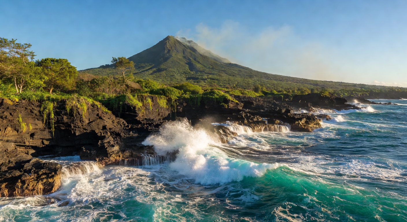 Blog banner photo for a cruise agency which features the coastline of Hawaii, with a smoking volcano, beautiful lush scenery, cliff faces, effervescent alluring bubbly water emerging from the waves cr