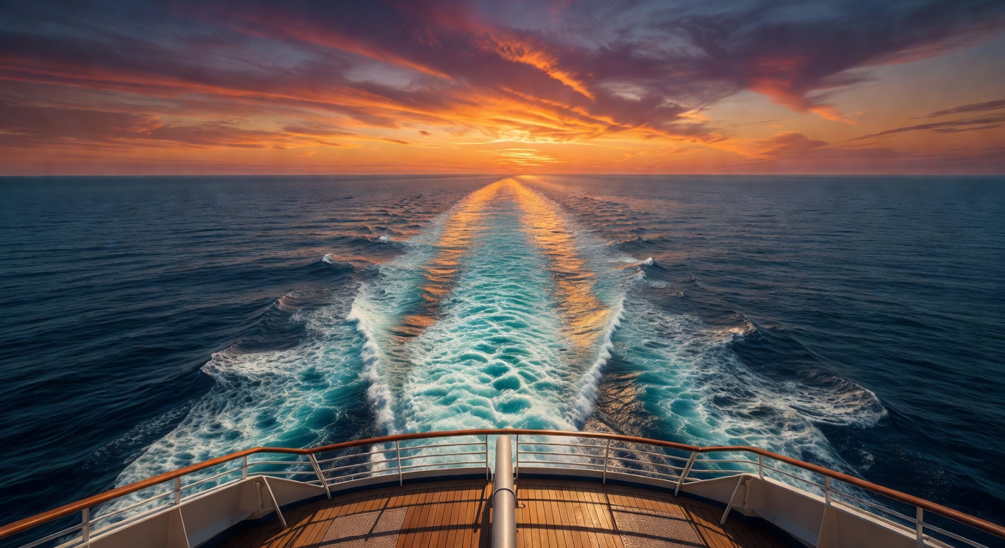 A wide editorial travel photograph of a dramatic Pacific Ocean sunset viewed from the stern of a cruise ship, with the ship's wake trailing into the warm orange and purple horizon.